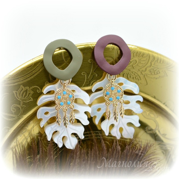СЕРЬГИ "Перламутровая монстера"