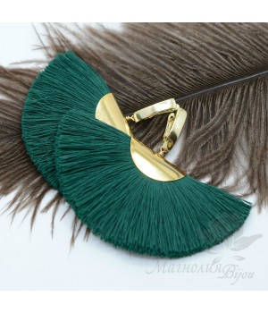 Серьги-веера "Зелёные", позолота 16 карат