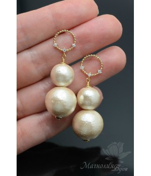 Серьги с хлопковым жемчугом, позолота 14 карат