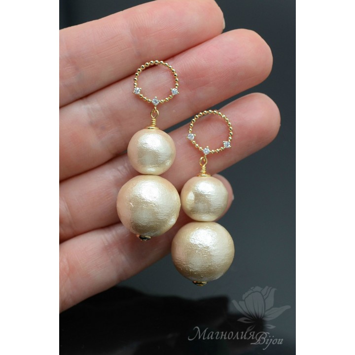 Серьги с хлопковым жемчугом, позолота 14 карат
