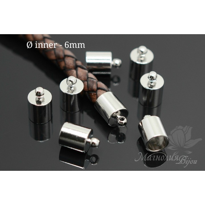 TERMINAL "Cilindro" para hilos, cordones o borlas de 6mm, rodio(oro blanco)