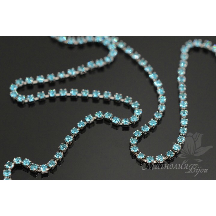 Стразовая цепь "Aquamarine 202" 1.5мм(10см), родиевое покрытие