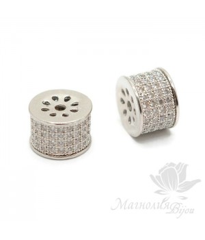 Бусина "Цилиндр" инкрустация фианитами, цвет платина
