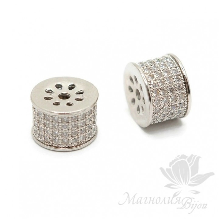Бусина "Цилиндр" инкрустация фианитами, цвет платина