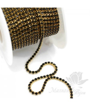 Стразовая цепь "Чёрная" 2мм(50см), позолота