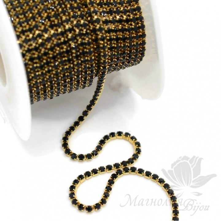 Стразовая цепь "Чёрная" 2мм(50см), позолота