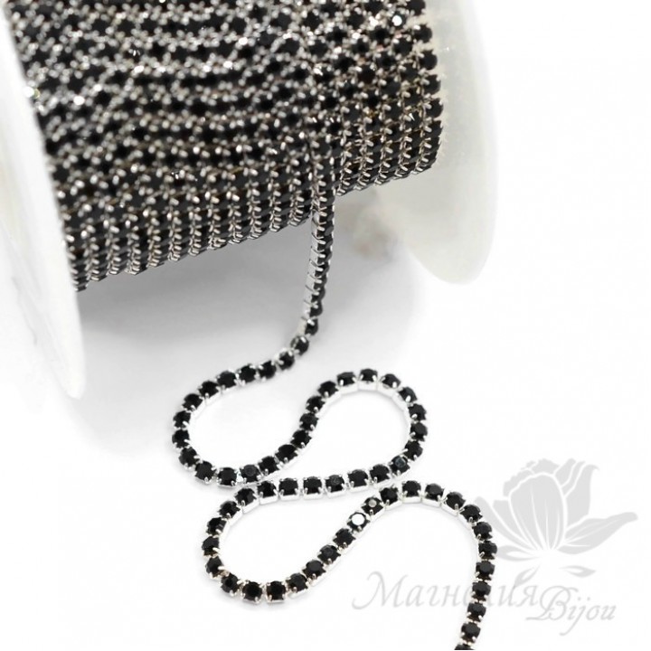 Стразовая цепь "Чёрная" 2мм(50см), родиевое покрытие