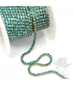 Стразовая цепь "Аквамарин" 2мм(50см), позолота