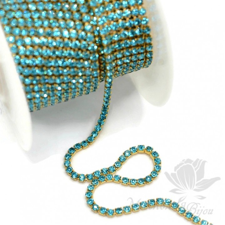 Стразовая цепь "Аквамарин" 2мм(50см), позолота