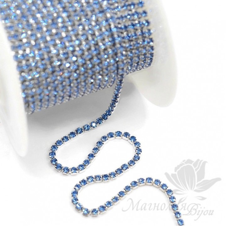 Стразовая цепь "Светлый сапфир" 2мм(50см), родиевое покрытие