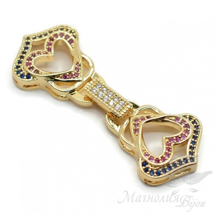 Замочек на 3-5 нитей "Сердца" инкрустация фиантиами, цвет золото