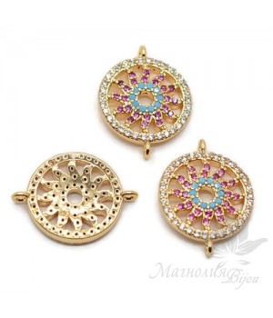 КОННЕКТОР "Солнце" с цветными фианитами, цвет золото