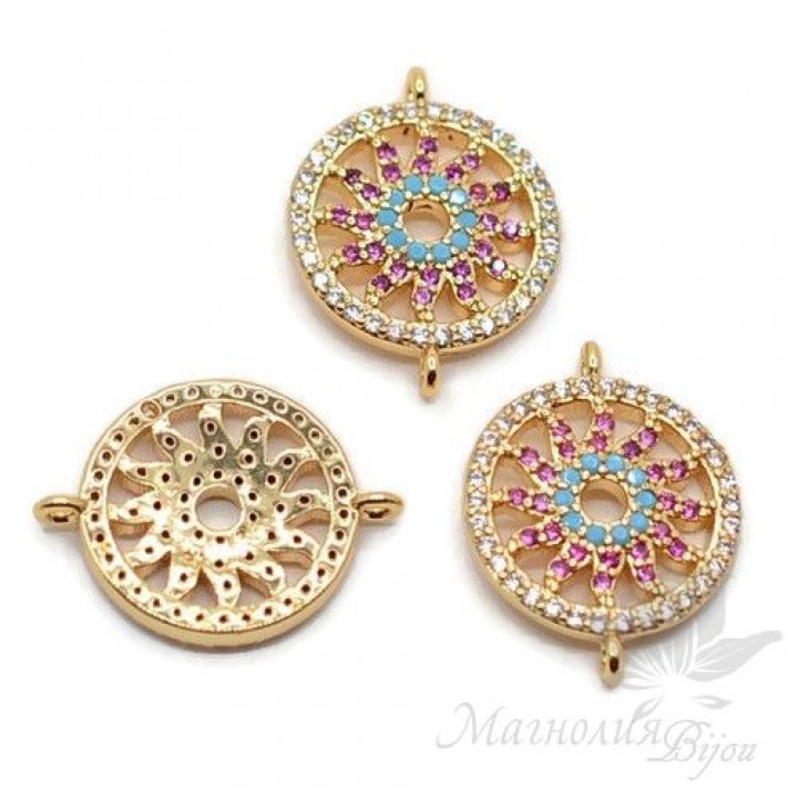 КОННЕКТОР "Солнце" с цветными фианитами, цвет золото