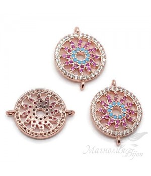КОННЕКТОР "Солнце" с цветными фианитами, цвет розовое золото