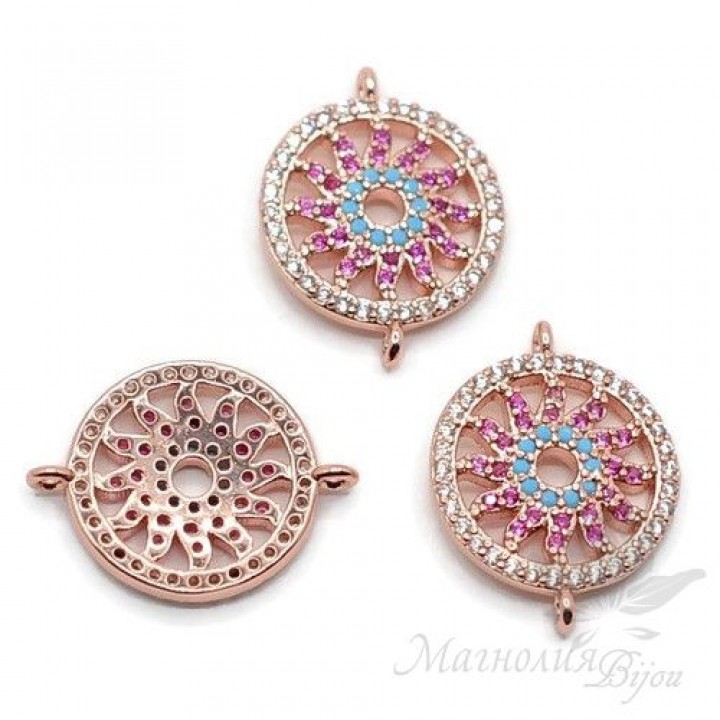 КОННЕКТОР "Солнце" с цветными фианитами, цвет розовое золото