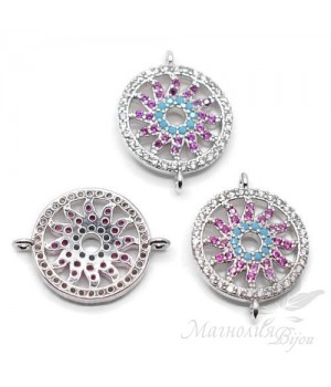 КОННЕКТОР "Солнце" с цветными фианитами, цвет платина