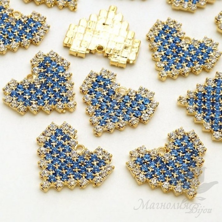 ПОДВЕСКА "Сердечко пиксельное голубое", позолота 16 карат