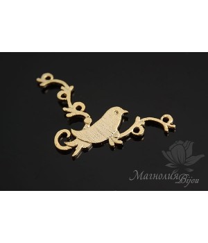 КОННЕКТОР "Птичка на ажурной веточке", позолота 14 карат