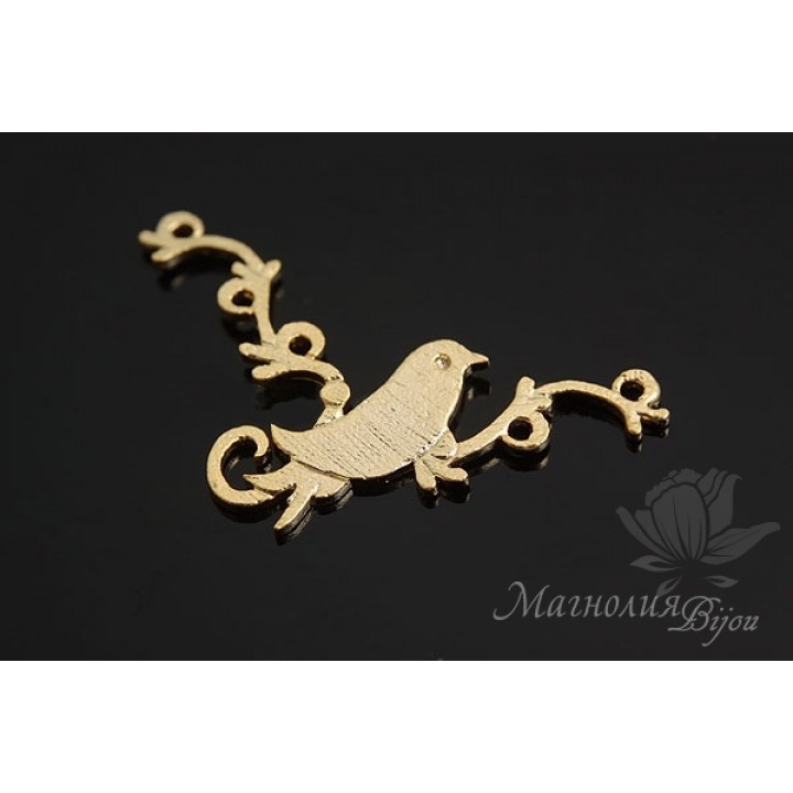 КОННЕКТОР "Птичка на ажурной веточке", позолота 14 карат