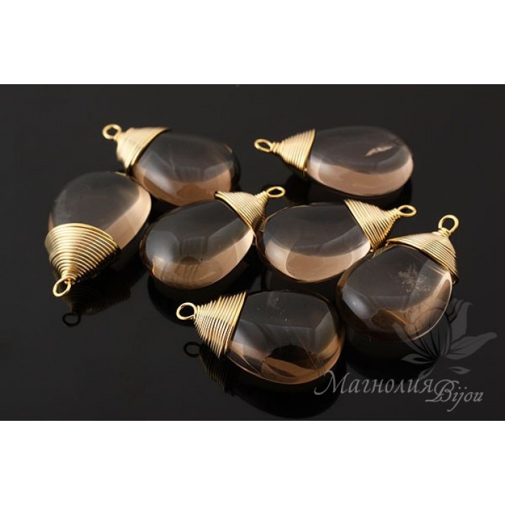 ПОДВЕСКА-КАПЛЯ "Дымчатый кварц", позолота 16 карат