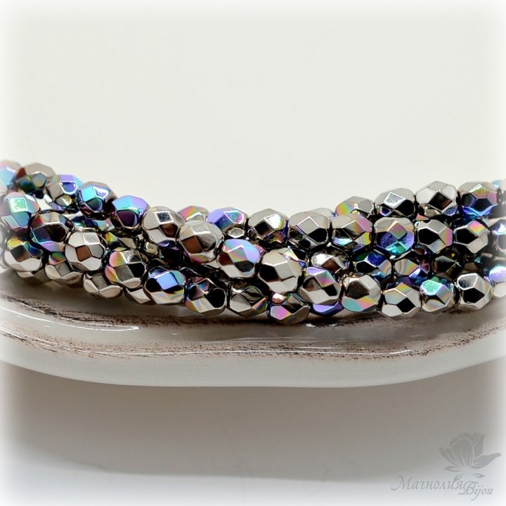 Чешские граненые бусины Nickel Plate AB 4мм, 10 штук