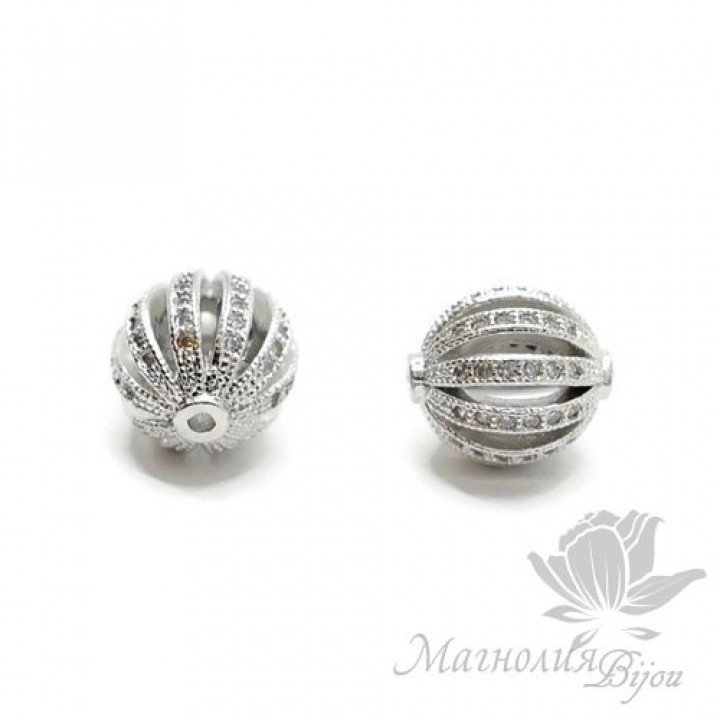 БУСИНА "Арбуз" инкрустация фианитами 10мм, цвет платина