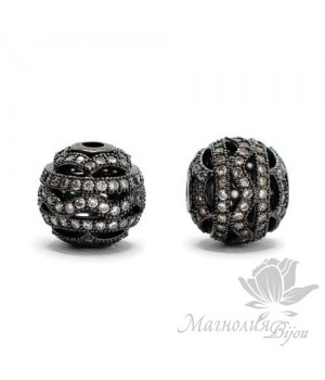 БУСИНА "Ажурная" инкрустация фианитами 12мм, цвет чёрный
