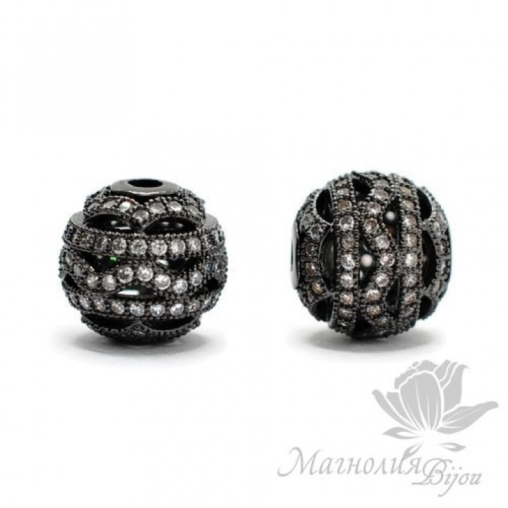БУСИНА "Ажурная" инкрустация фианитами 12мм, цвет чёрный