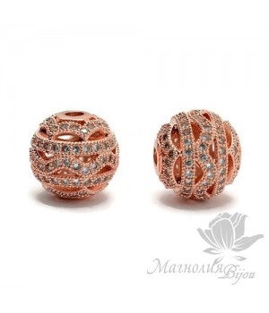 БУСИНА "Ажурная" инкрустация фианитами 12мм, цвет розовое золото