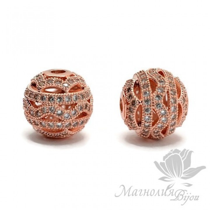БУСИНА "Ажурная" инкрустация фианитами 12мм, цвет розовое золото
