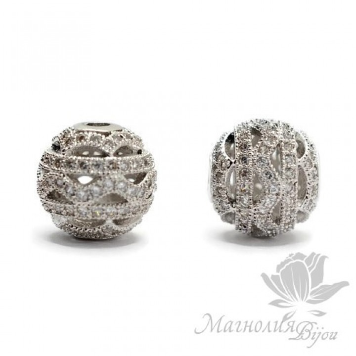 БУСИНА "Ажурная" инкрустация фианитами 12мм, цвет платина