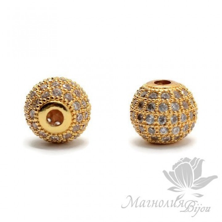 БУСИНА "Шар" 10мм, инкрустация фианитами, цвет золото