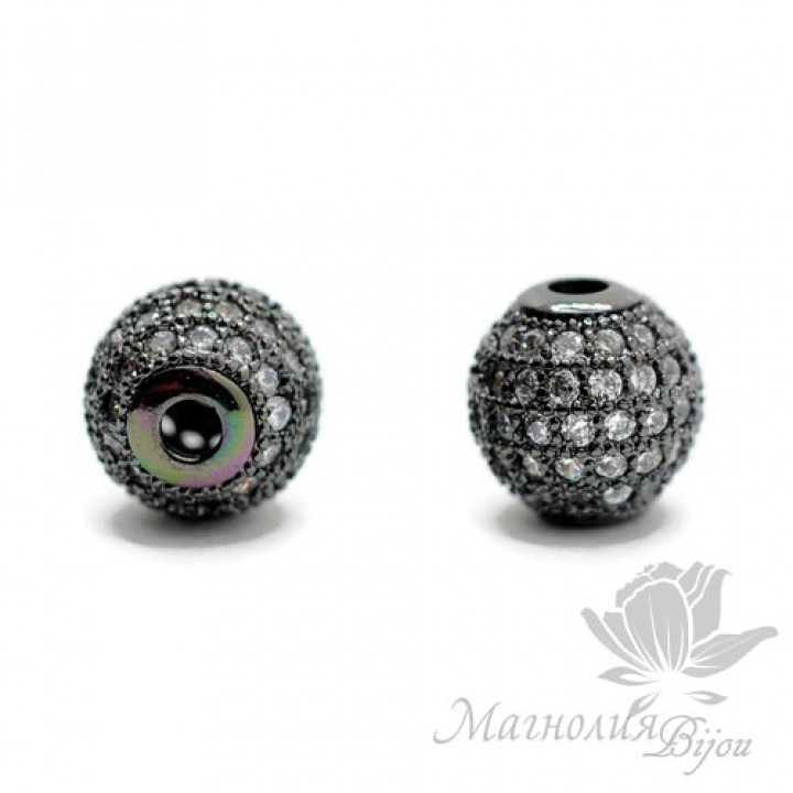 БУСИНА "Шар" 10мм, инкрустация фианитами, цвет чёрный