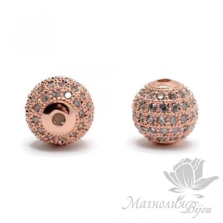 БУСИНА "Шар" 10мм, инкрустация фианитами, цвет розовое золото