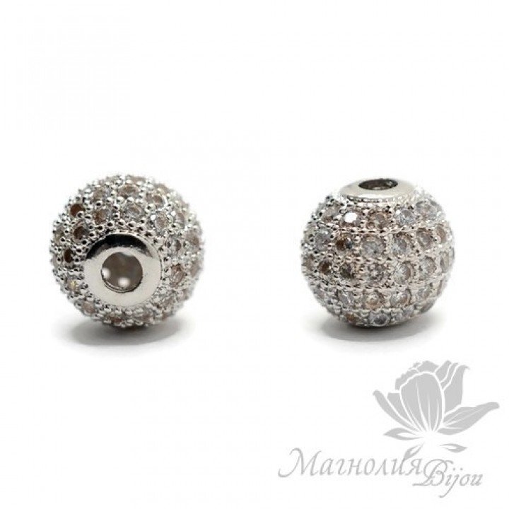 БУСИНА "Шар" 10мм, инкрустация фианитами, цвет платина