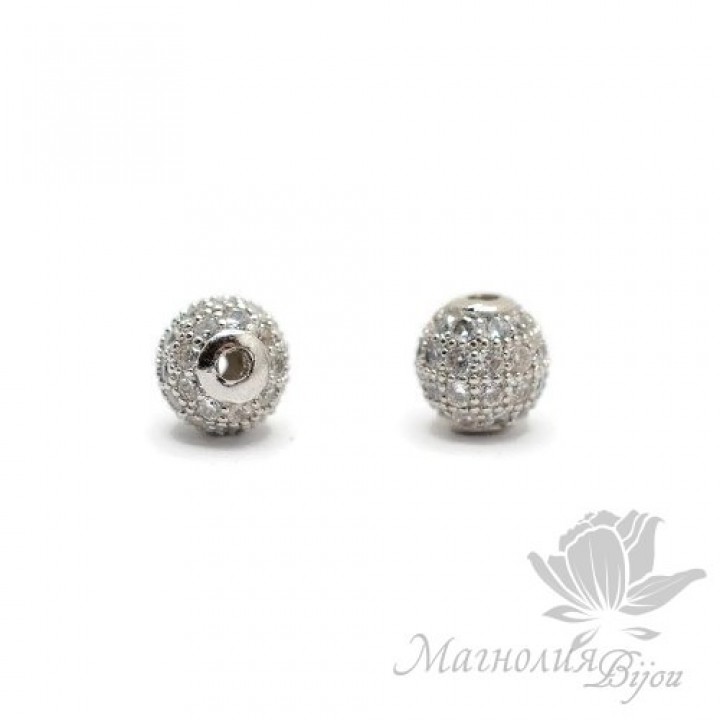 БУСИНА "Шар" 6мм, инкрустация фианитами, цвет платина