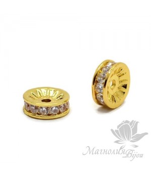 БУСИНА "Шайба" 10мм с круглыми фианитами, цвет золото