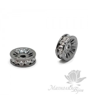 БУСИНА "Шайба" 10мм с круглыми фианитами, цвет чёрный