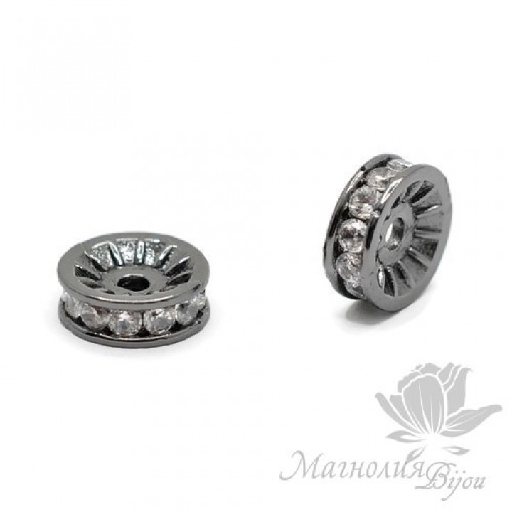 БУСИНА "Шайба" 10мм с круглыми фианитами, цвет чёрный