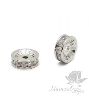 БУСИНА "Шайба" 10мм с круглыми фианитами, цвет платина