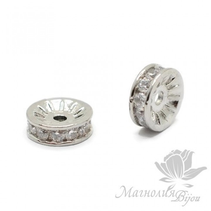 БУСИНА "Шайба" 10мм с круглыми фианитами, цвет платина