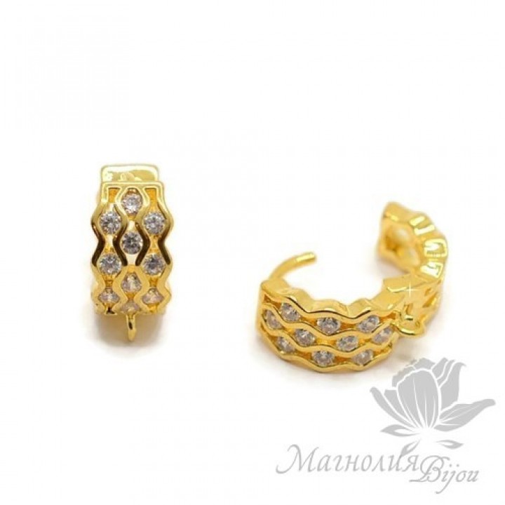 Pendiente redondo con circonitas "Olas", dorado