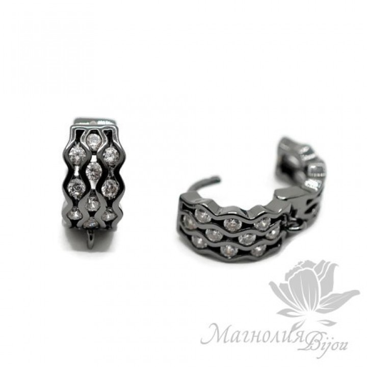 Pendiente redondo con circonitas "Olas", negro