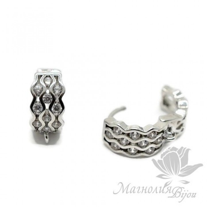 ШВЕНЗЫ круглые "Волнистые" инкрустация фианитами, родиевое покрытие