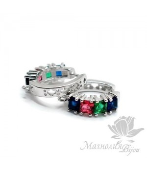 ШВЕНЗЫ круглые "Светофор" с цветными фианитами, родиевое покрытие