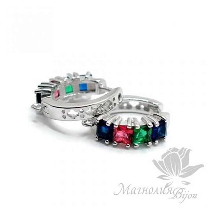 ШВЕНЗЫ круглые "Светофор" с цветными фианитами, родиевое покрытие