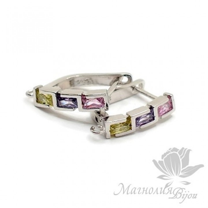 ШВЕНЗЫ "Греческий орнамент" с цветными фианитами, родиевое покрытие