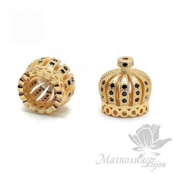 ШАПОЧКА "Корона" 13мм с чёрными фианитами, позолота