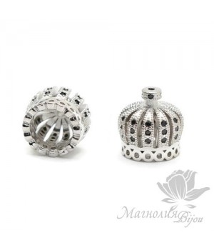 ШАПОЧКА "Корона" 13мм с чёрными фианитами, цвет платина