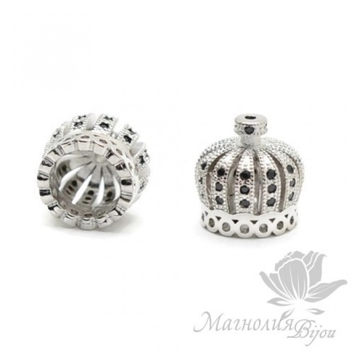 ШАПОЧКА "Корона" 13мм с чёрными фианитами, цвет платина